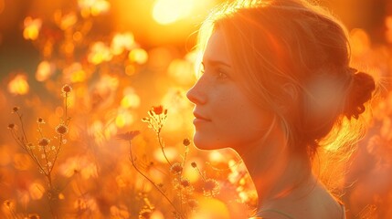 Fototapeta premium A young woman enjoys the serene beauty of a flower-filled field during the golden hour with warm sunlight illuminating her profile