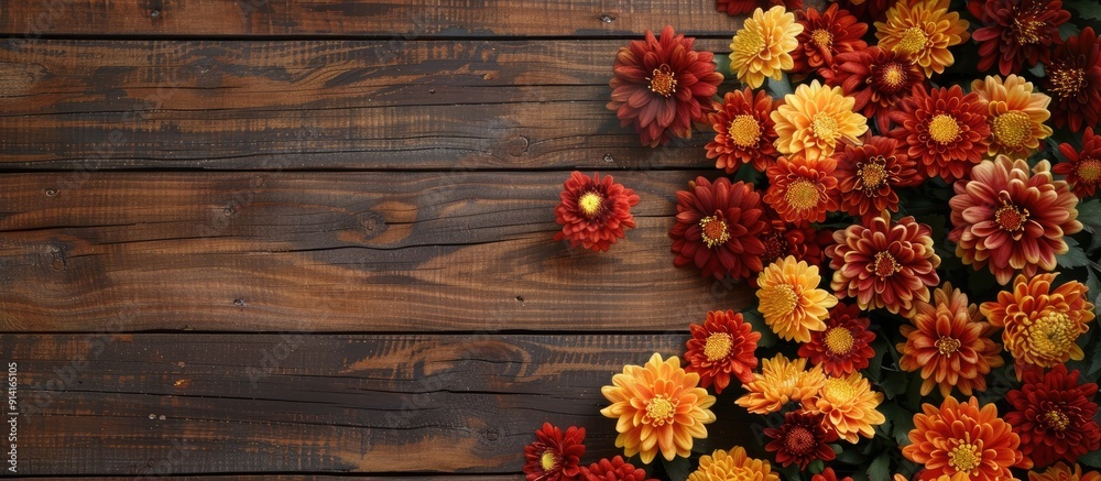 Poster view from the top a wooden background showcasing lovely chrysanthemums with room for text or images 