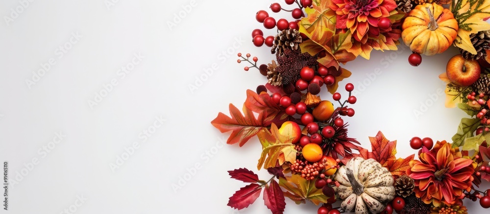 Poster a picturesque fall wreath displaying flowers berries and fruits against a white backdrop leaving roo