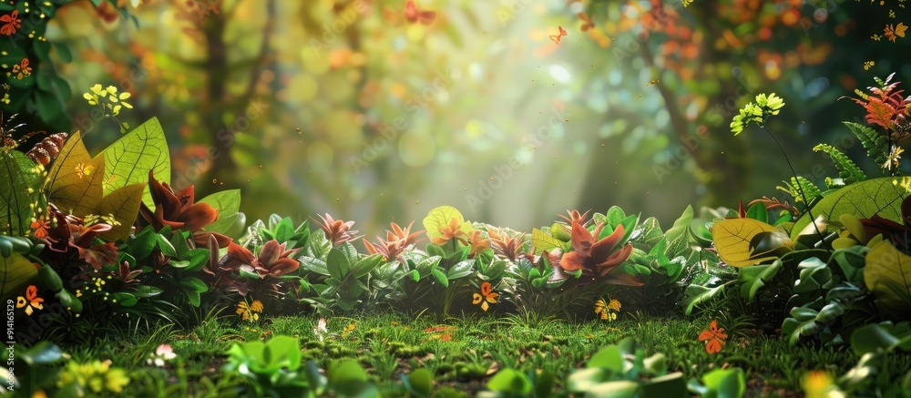 Poster various plants and wildlife in a natural setting including lush grass colorful flowers and vibrant l