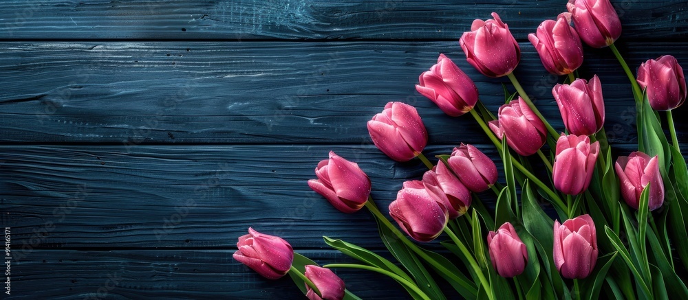 Aufkleber pink tulips displayed on a dark wooden backdrop with copy space image