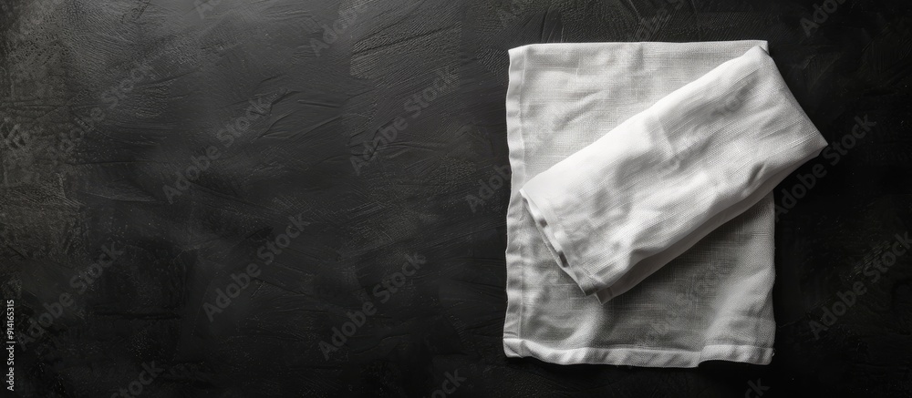 Poster top view of folded linen kitchen towel on black background with copy space image