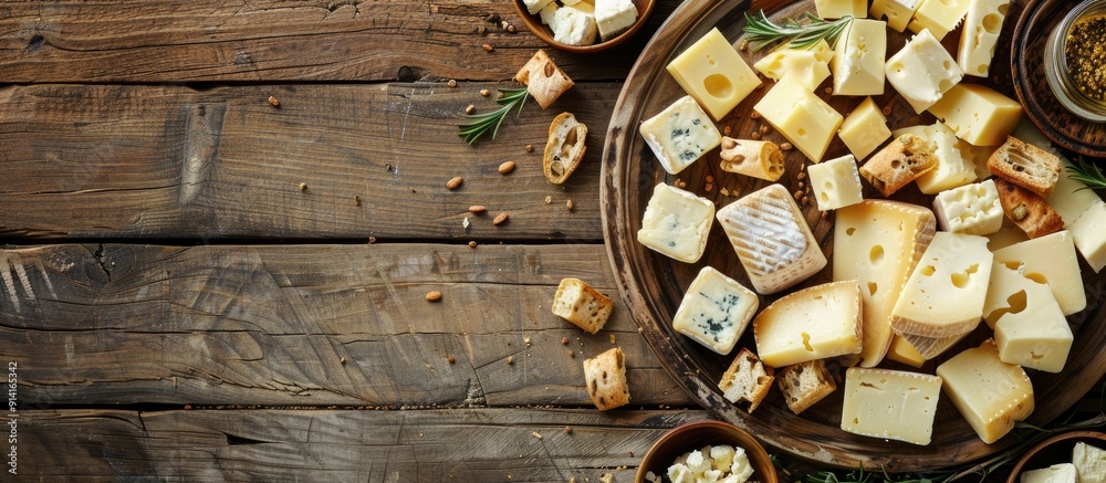Poster Rustic style aged cheese with snacks on a plate Includes a free copy space image