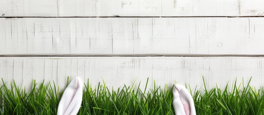 Poster Easter bunny s ears peeking from grass on a white wooden background with space for text or images. Creative banner. Copyspace image