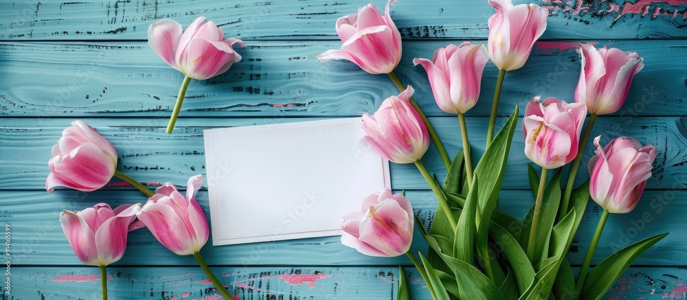 Aufkleber Mother s Day theme with pink tulips and a postcard displayed on a blue wooden backdrop featuring copy space for a creative image with a flat lay style