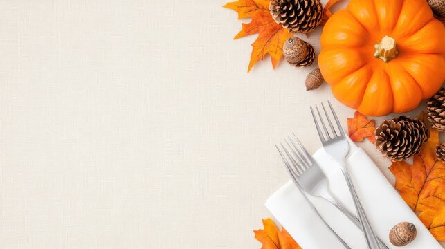 A white plate with three forks is surrounded by vibrant autumn leaves, pumpkins, and pinecones, creating a festive fall atmosphere perfect for a seasonal meal