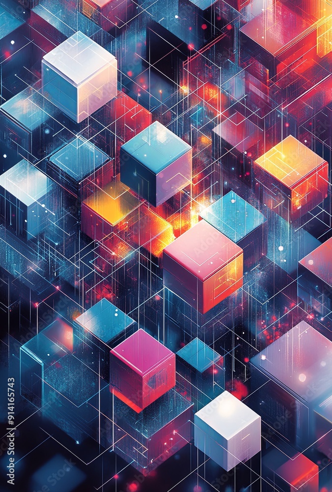 Poster an intricate isometric grid with a mix of cubes and hexagons in different colors, forming a dynamic 