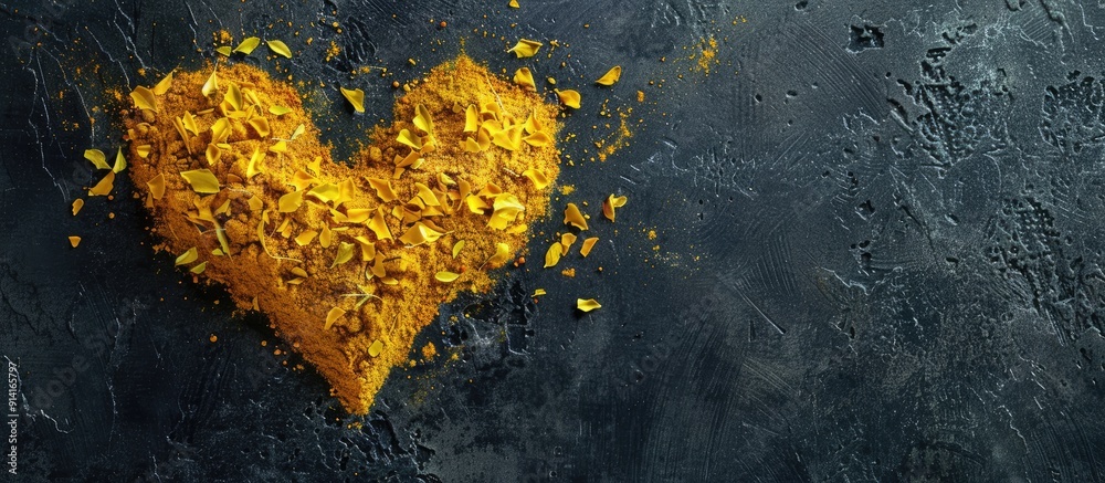 Aufkleber A heart shape created from yellow spices on a black background for a cookery theme with copy space for text or labels in an overhead flat lay view