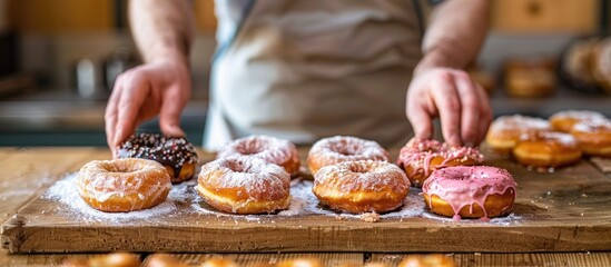 A man arranging assorted sugary donuts on a rustic wooden board with ample copy space image available