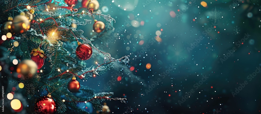 Aufkleber festive christmas card boasting a decorated tree branch on a dark background with ornaments lights a