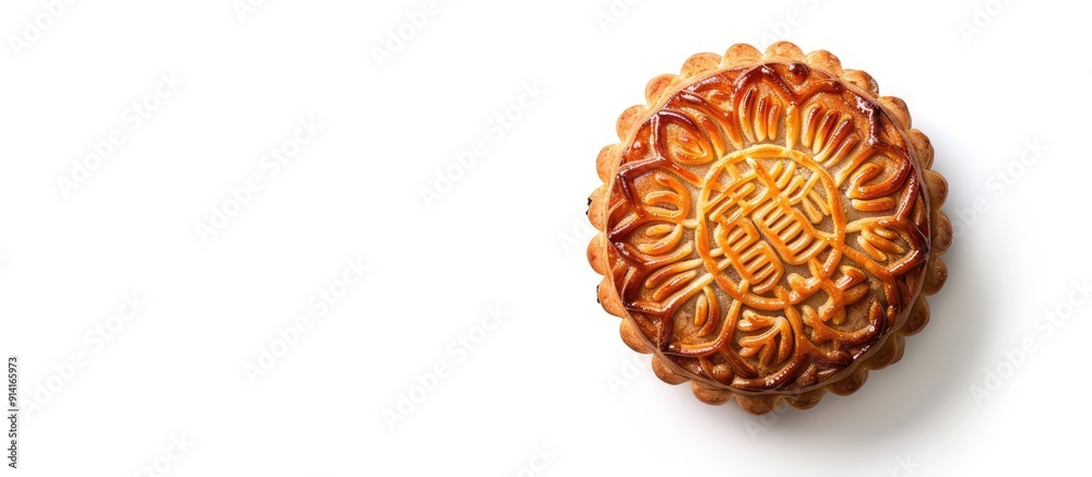 Poster top view of a traditional moon cake on a white background a round pastry common in vietnamese and ch