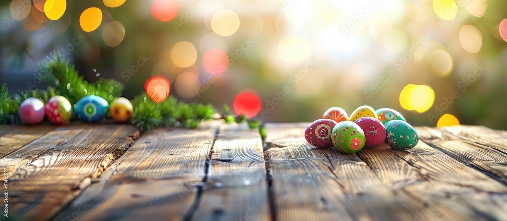 Aufkleber Rustic wooden table with a festive Easter theme featuring colorful bokeh and ample copy space image for adding typography and a logo