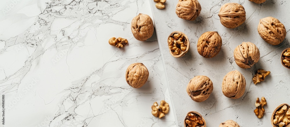 Poster Top down view of walnuts in shells on a white stone surface ideal for adding text to the image. Creative banner. Copyspace image