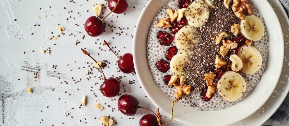 Poster a white plate presenting a chia pudding topped with banana cherry and nuts offering a delicious and 
