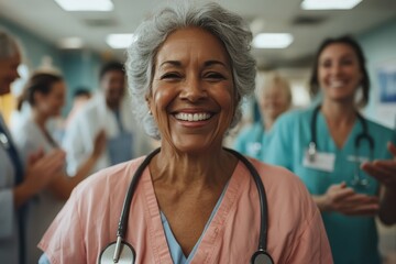 A nurse with a stethoscope around her neck is smiling brightly in a hospital, while staff members applaud in the background, highlighting a moment of recognition or celebration.
