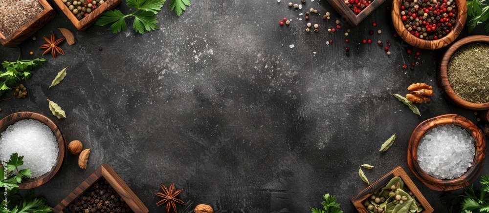 Poster Various spices displayed on a dark backdrop encircled by wooden boxes holding salt pepper coriander cloves walnuts and parsley creating a border for a copy space image