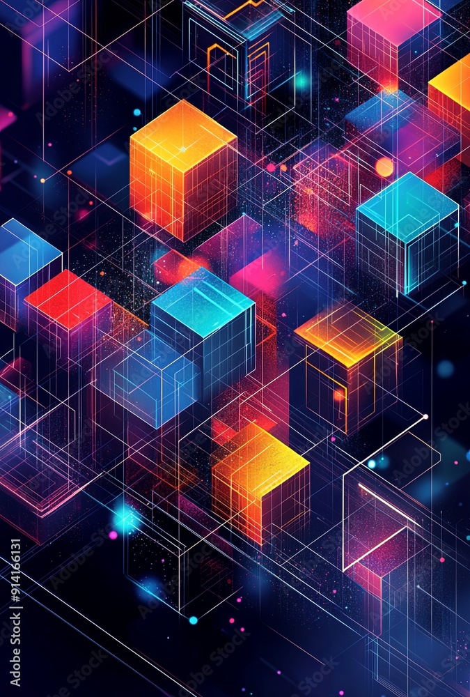 Poster an intricate isometric grid with a mix of cubes and hexagons in different colors, forming a dynamic 
