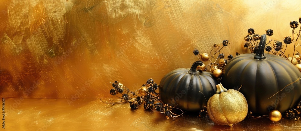 Poster elegant fall pumpkin arrangement in gold and black on a golden backdrop with ample copy space image