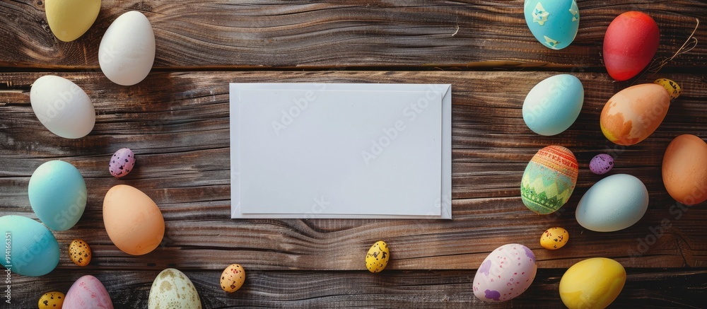 Leinwandbilder top view of a wooden table with an easter greeting card surrounded by colorful easter eggs perfect f