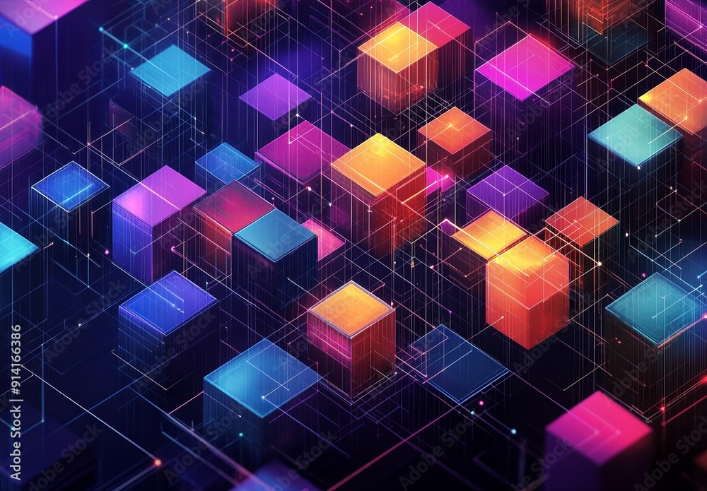 Poster an intricate isometric grid with a mix of cubes and hexagons in different colors, forming a dynamic 