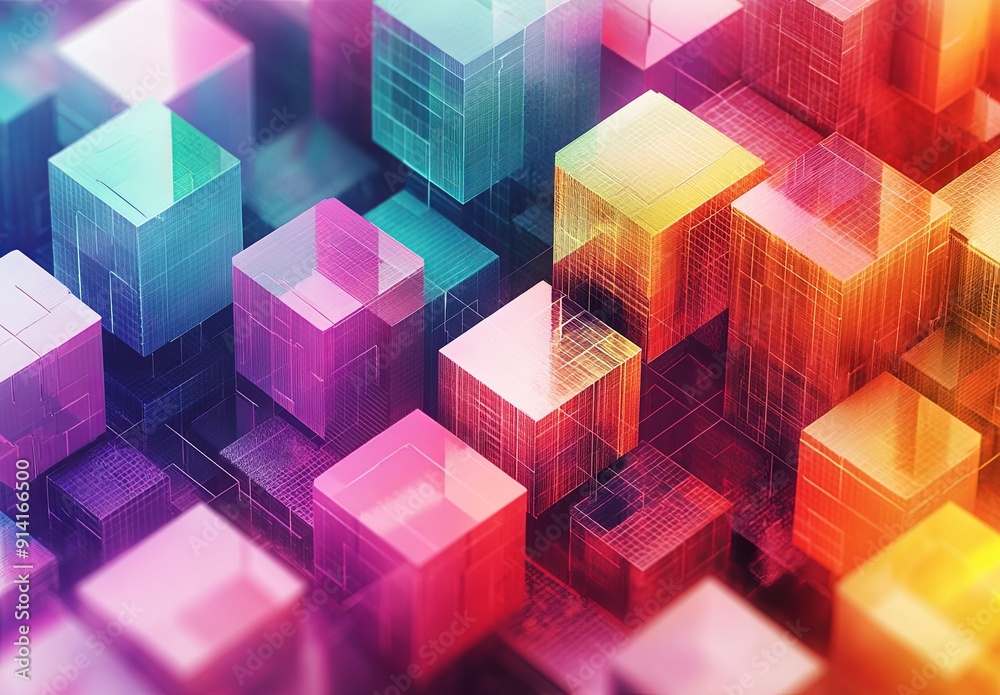 Poster an intricate isometric grid with a mix of cubes and hexagons in different colors, forming a dynamic 
