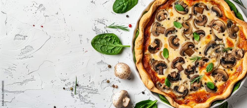 Aufkleber Pie with mushrooms spinach and cheese displayed on a white background with copy space image