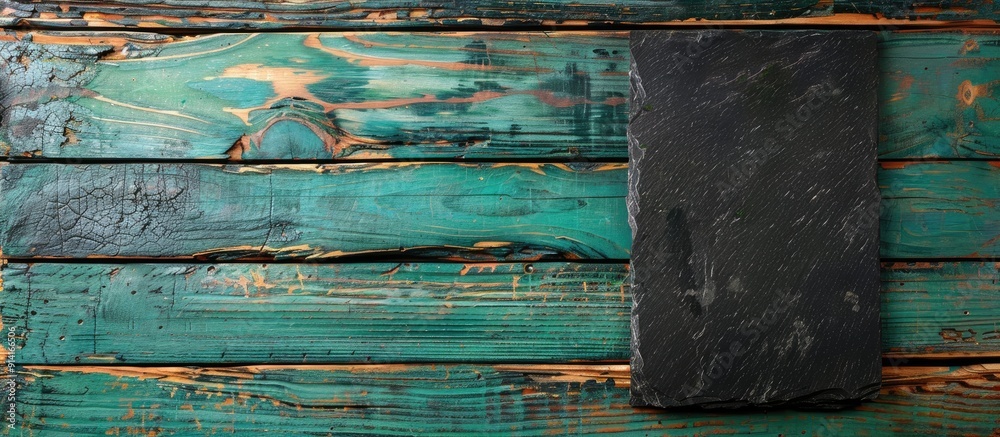 Poster a view from above showing a black stone cutting board placed on a green wooden tabletop with space f