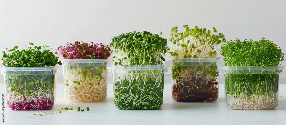 Poster Various sprouts displayed in plastic containers against a white backdrop with copy space image