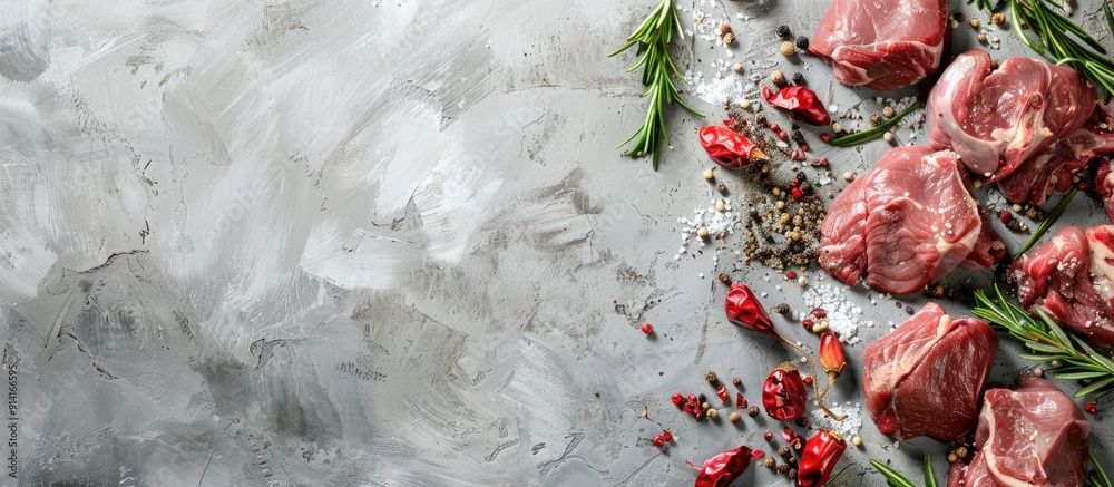 Poster top view of raw marbled meat and seasonings on a grey background with copy space image