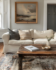 Living room hallway hangs a vertical painting. interior design. 3d render.