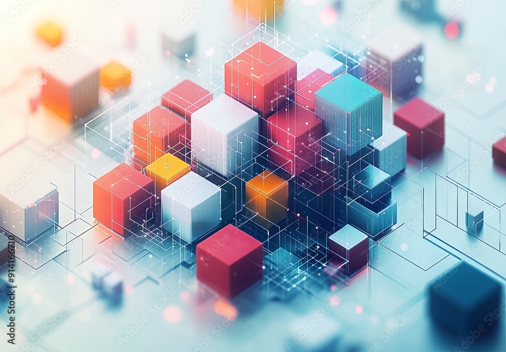 Poster an intricate isometric grid with a mix of cubes and hexagons in different colors, forming a dynamic 