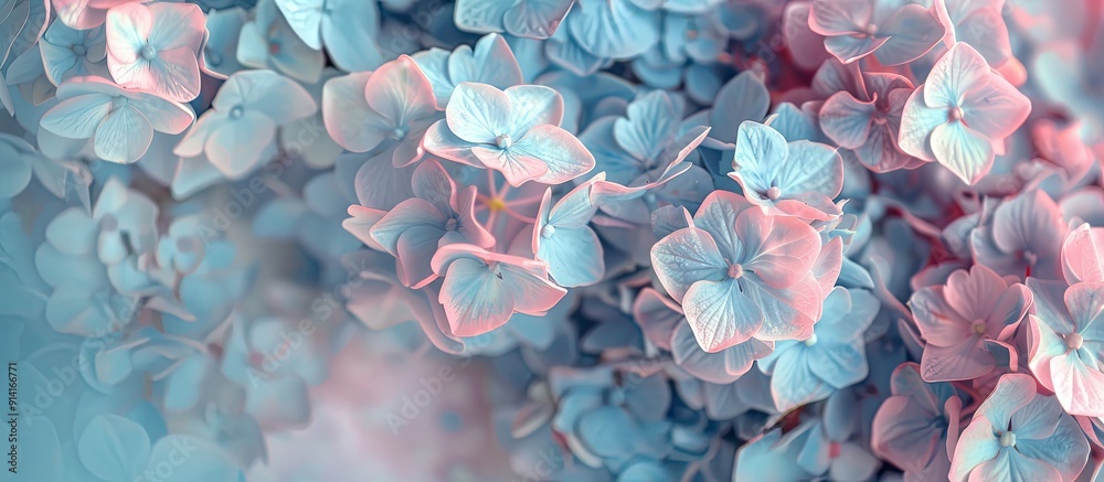 Aufkleber top view showing pastel blue and pink hydrangea flowers on an ink background allowing for copy space
