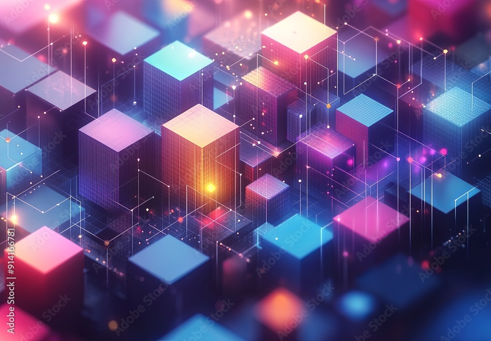 Poster an intricate isometric grid with a mix of cubes and hexagons in different colors, forming a dynamic 