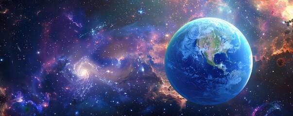 Obraz premium A stunning view of Earth amidst a vibrant cosmic backdrop filled with stars and galaxies, showcasing the beauty of our universe.