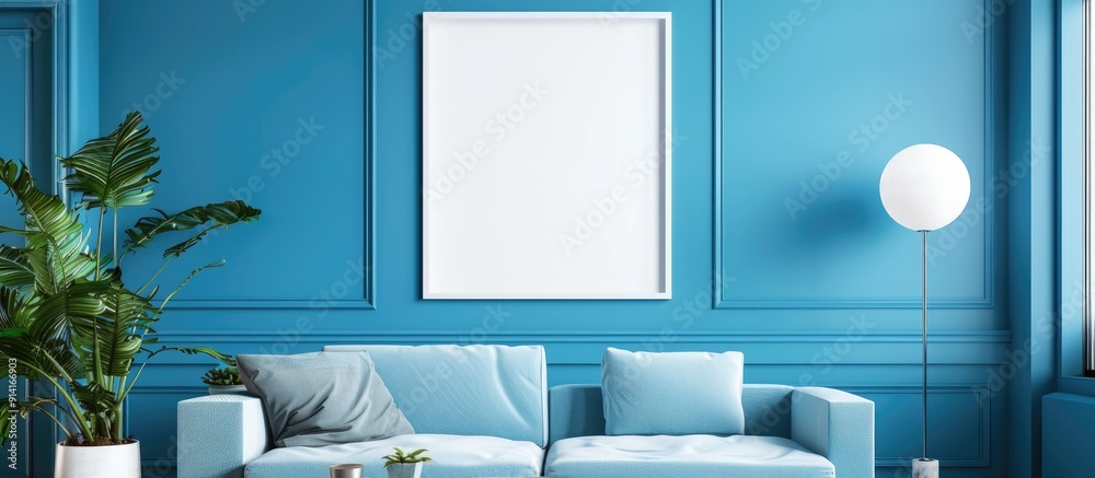Poster white poster frame on a coffee table in a blue room with a blank canvas in the interior offering cop