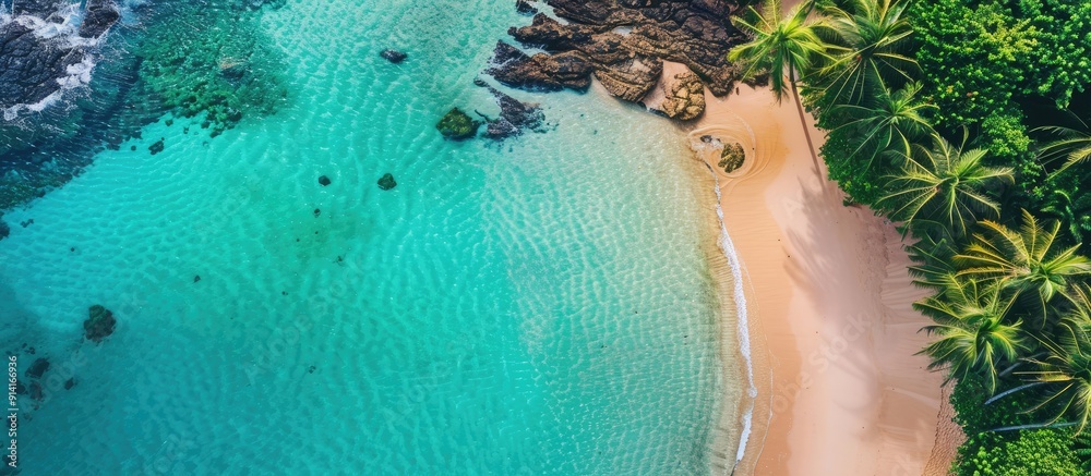 Poster scenic tropical beach with clear turquoise waters palm trees and an aerial view captured by a drone 