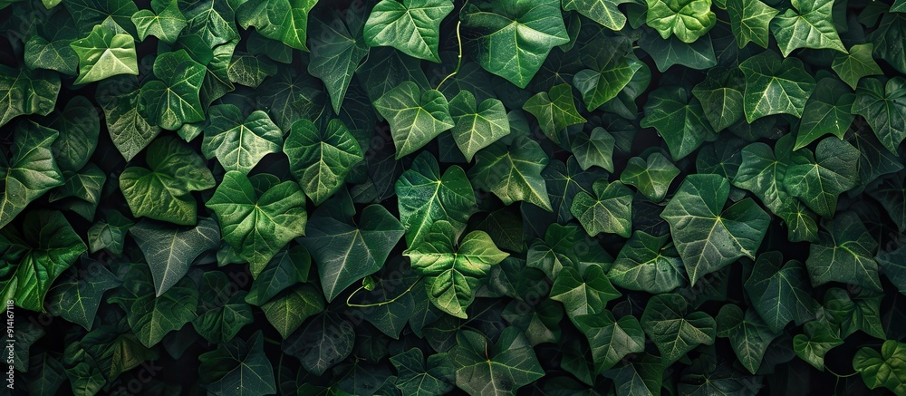 Aufkleber Spring ivy drapes a wall with lush green leaves creating a backdrop for a copy space image with a solid leafy texture