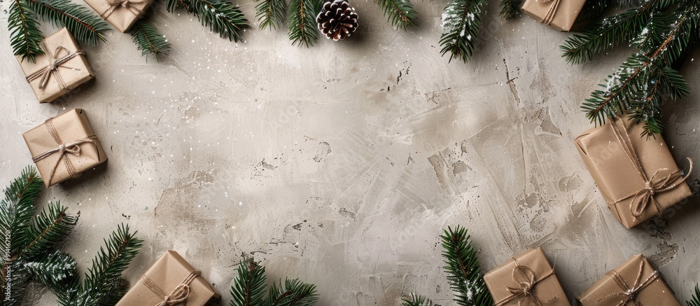 Poster festive christmas decor featuring fir branches gift boxes creating a charming holiday backdrop suita