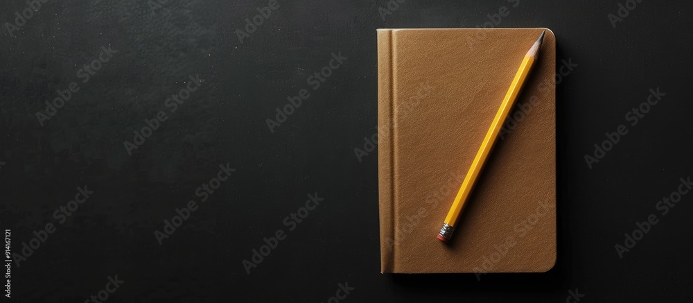 Leinwandbilder Top view of a notebook and pencil on a black background presenting a copy space image