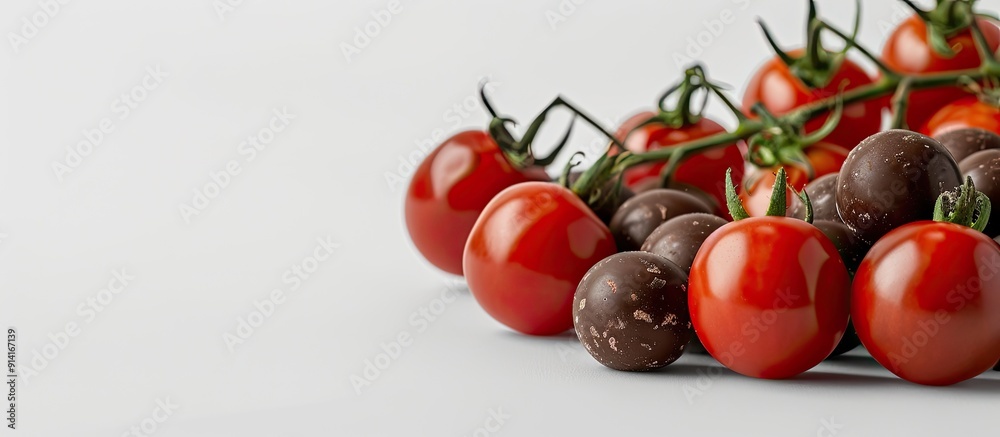 Poster fresh cherry tomatoes with a chocolate ball on a white background create an enticing copy space imag