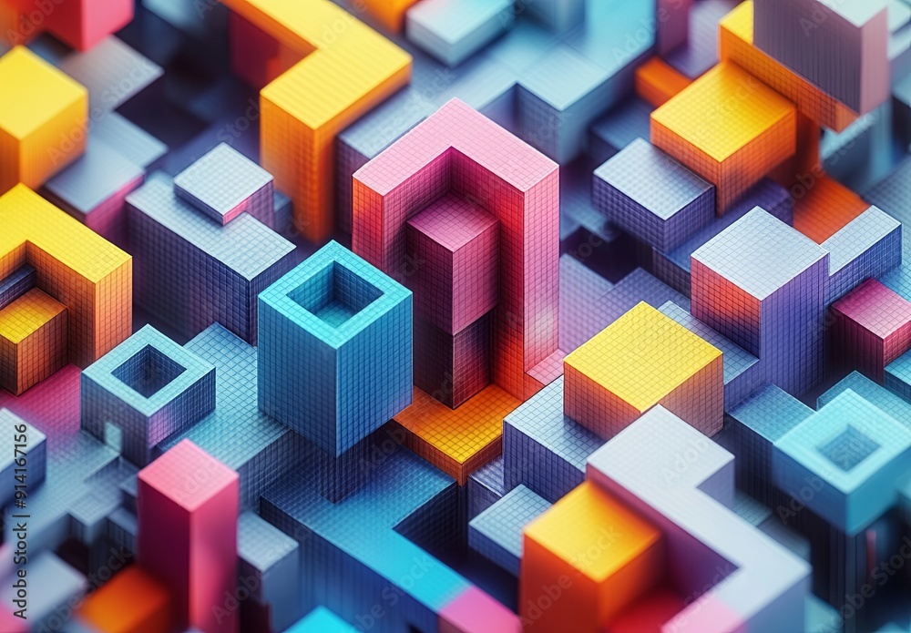 Poster an intricate isometric grid with a mix of cubes and hexagons in different colors, forming a dynamic 
