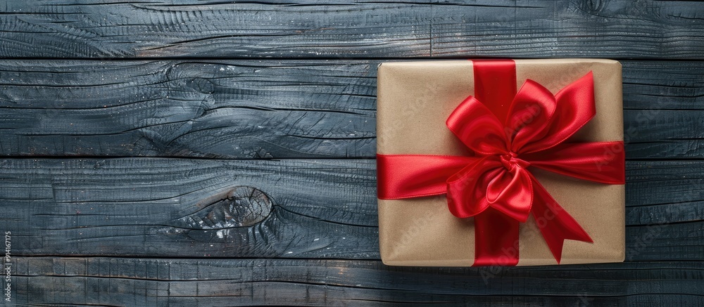 Poster vintage style gift boxes wrapped in eco friendly recycled paper with a red satin ribbon placed on a 