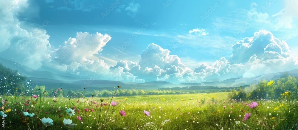 Wall mural scenic landscape with blooming flowers in a grassy meadow under a picturesque blue sky with fluffy w