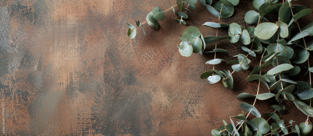 Aufkleber a banner with copy space is placed on a textured brown table decorated with fresh eucalyptus branche