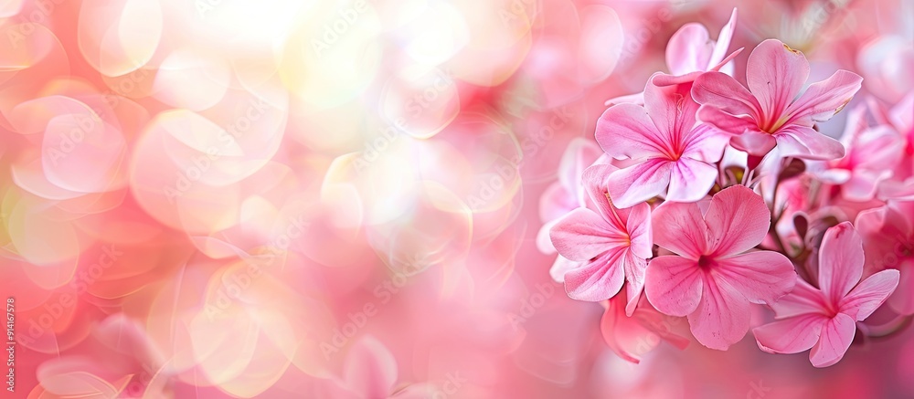 Fototapete Pink flowers are softly blurred in the background creating a copy space image ideal for adding your inscriptions or designs
