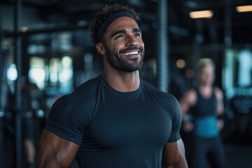 A smiling man wearing a headband looks off into the distance while at the gym. The background captures a bustling environment with individuals engaged in fitness activities.