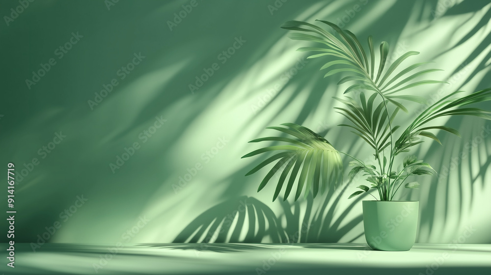 Aufkleber 3D rendering of a green background with soft palm leaf shadows creating a serene atmosphere. This minimalist design offers an ideal empty space for product presentation or mockup scene template, captu
