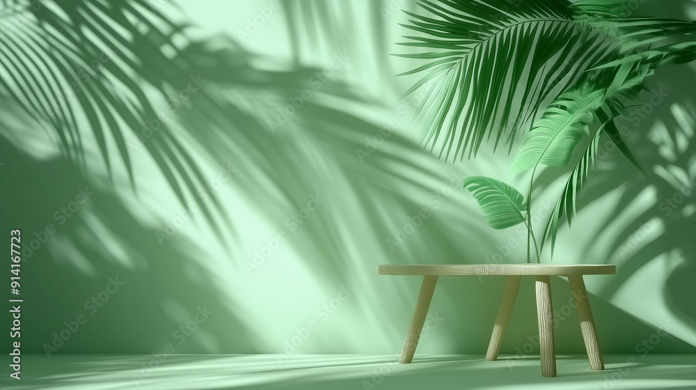Poster 3D rendering of a green background with soft palm leaf shadows creating a serene atmosphere. This minimalist design offers an ideal empty space for product presentation or mockup scene template, captu
