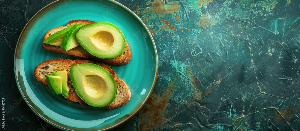 Poster Top view of two avocado toast slices on a dark background displayed on a turquoise plate providing copy space image
