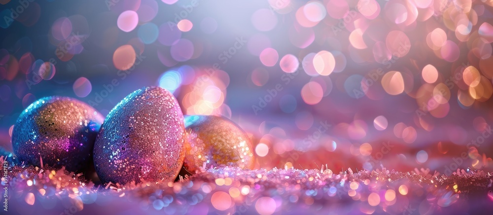 Leinwandbilder Easter eggs are adorned with gleaming glitter creating a decorative and sparkling aspect in an image with space for text. Creative banner. Copyspace image